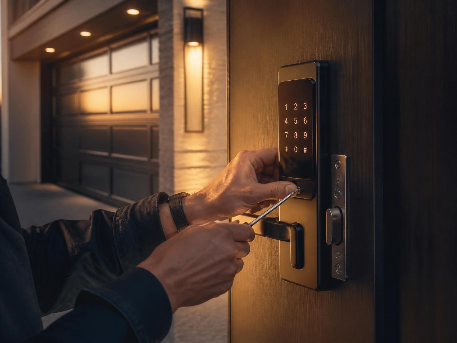 Professional locksmith installing a smart lock on a luxury South Florida home
