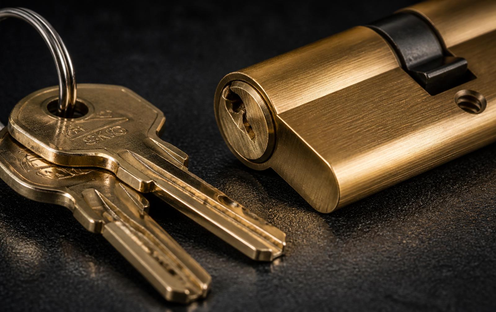 Polished brass keys and high-security lock cylinder